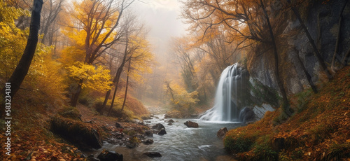 Beautiful autumn landscape with yellow trees and waterfall,Generative AI