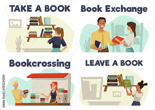 Bookcrossing scenes set, flat vector illustration isolated on white background.