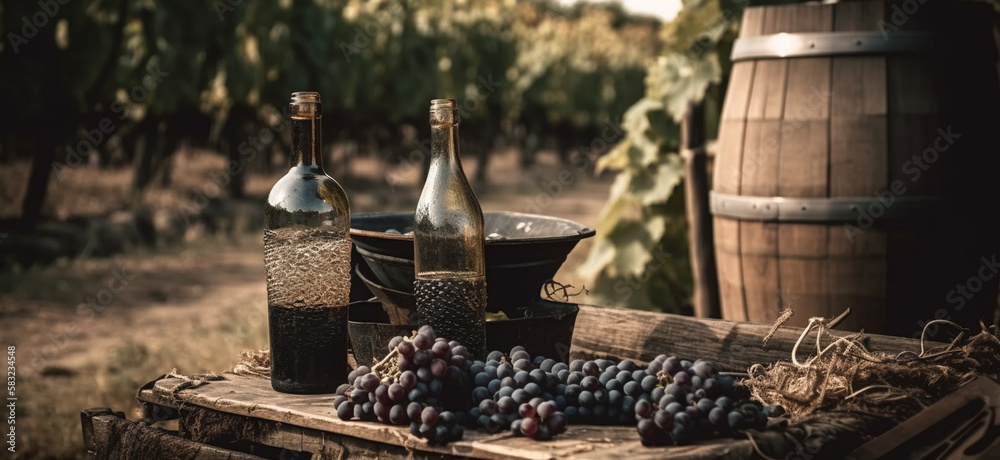 Bottles And Wineglasses With Grapes And Barrel In Rural Scene,Generative AI