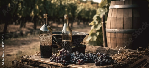 Bottles And Wineglasses With Grapes And Barrel In Rural Scene,Generative AI