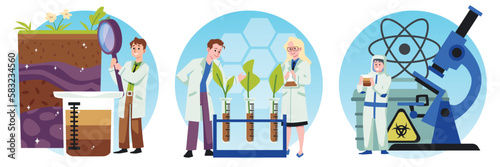 Soil analysis and testing to suitability, flat vector illustration isolated.