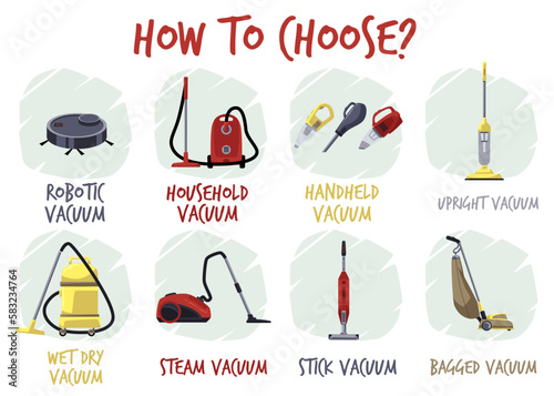 Choice between various vacuum cleaners, flat vector illustration isolated.