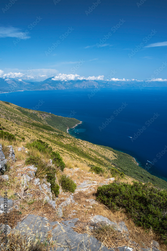 San Giovanni a Piro, district of Salerno, Campania, Italy, view of the Masseta coast from the Ciolandrea plateau, in the background the gulf of Policastro and the coast of Basilicata San Giovanni a Piro, district of Salerno, Campania, Italy, view of the Masseta coast from the Ciolandrea plateau, in the background the gulf of Policastro and the coast of Basilicata