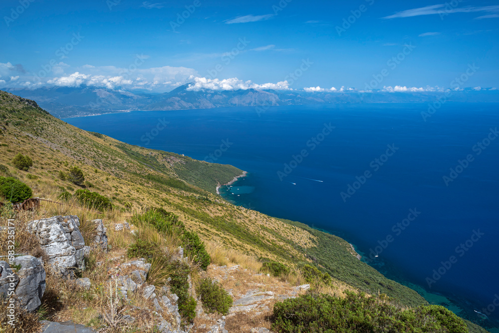 San Giovanni a Piro, district of Salerno, Campania, Italy, view of the Masseta coast from the Ciolandrea plateau, in the background the gulf of Policastro and the coast of Basilicata