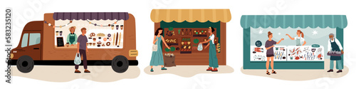 Shop booths with people. Products market stalls. Bread and pastries. Local marketplace. Seafood van kiosk. Vegetables or fruits retail. Street store. Sellers and buyers. Garish vector set