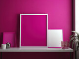 A closeup shot of a magenta wall with a simple poster frame in a minimalist setting. Trendy color of 2023 Viva Magenta.. AI generation.
