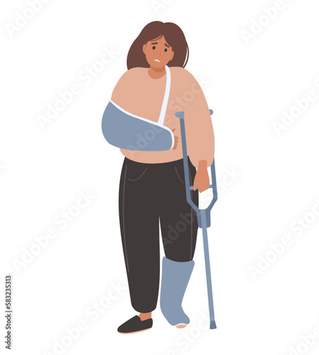 Woman with broken leg in gypsum. Sad patient with foot injury during recovery. Person with trauma sling after accident. Bandaged injury concept