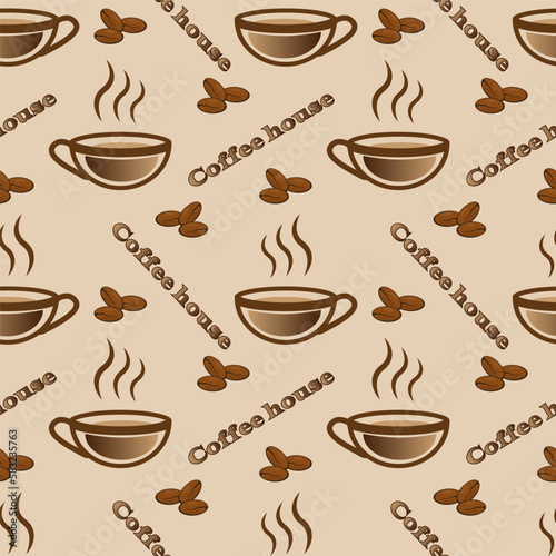 Seamless pattern with cup of coffe and text on a brown background