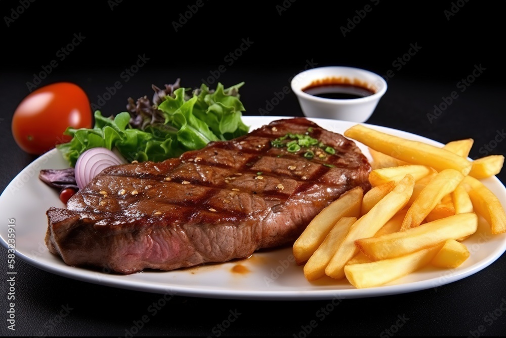Delicious steak with french fries. Template for restaurants. Food photography. Generative AI.