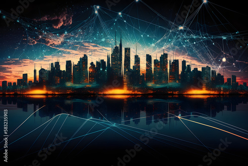 logistic smart communication  city at night with scyscrapers and mind connection net interface landscape view in urban evening sky background desktop