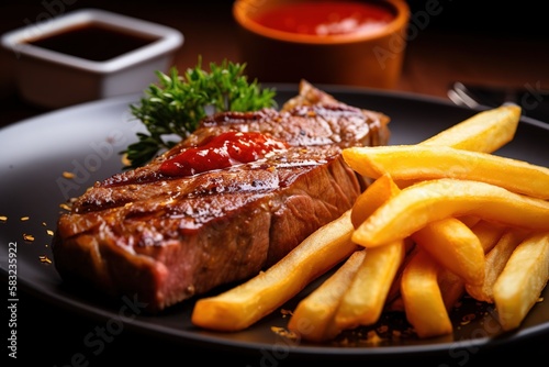 Delicious steak with french fries. Template for restaurants. Food photography. Generative AI.