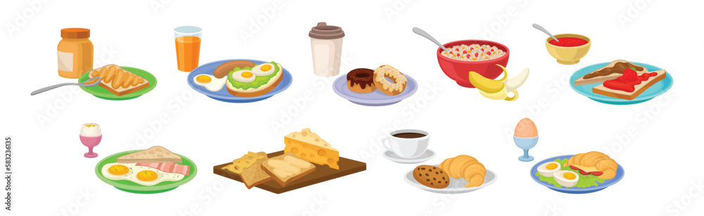 Breakfast Meal and Tasty Served Morning Food and Drinks Vector Set