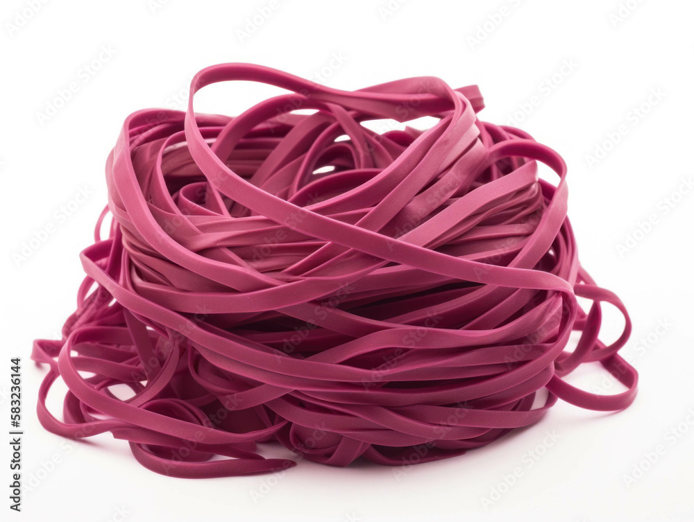 A stack of magenta rubber bands its bounciness making it ideal for fastening materials together. Trendy color of 2023 Viva Magenta.. AI generation.