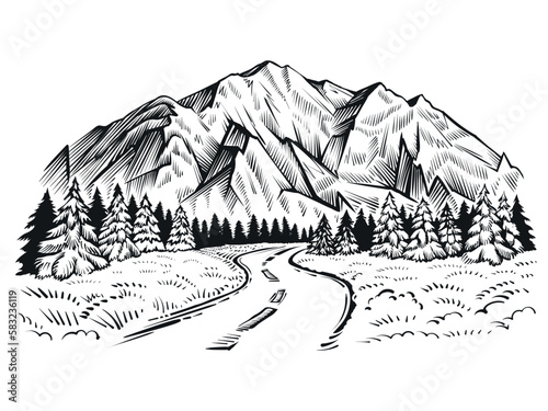 Road in the mountains with forest, landscape sketch. Black and white vector illustration.