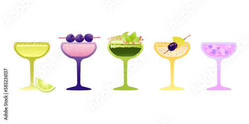 Refreshing margarita cocktail set. Alcohol drink for holidays and events. Vector gradient flat illustration with texture. Margarita drinks for bar.