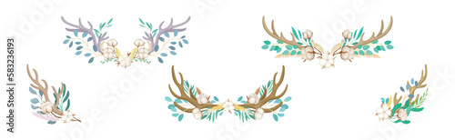 Deer Antlers Arranged with Tender Cotton Flowers and Green Twigs Vector Set