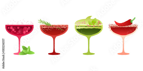 Margarita dessert glass set. Alcohol drink with mint and berries and red pepper. Red cocktail for event and celebration. Flat vector illustration with texture and gradient