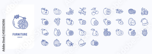 Fruits icon set, including icons like apple, banana, grape, pomegranate, and more