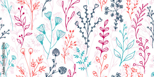 Field flower branches natural vector seamless ornament. Fine herbal fabric pr...