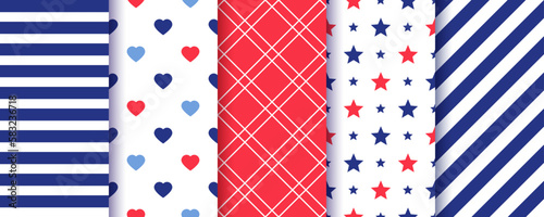 Patriotic seamless pattern. 4th July backgrounds. American Happy independence day prints. Set of USA flag geometric textures. Modern backdrop with stars, stripes, hearts and plaid. Vector illustration