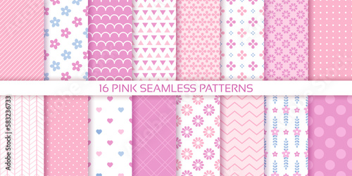 Girly background. Pink seamless pattern. Set scrapbook textures. Baby girl print with flowers, zigzag, polka dot, heart and plaid. Cute pastel packing paper for scrap design. Color vector illustration