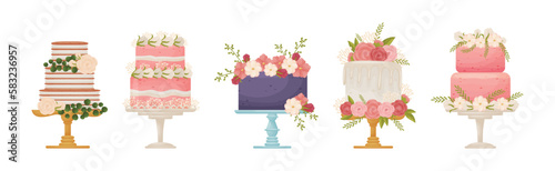 Creamy Tier Cake Decorated with Flowers Standing on Pedestal Cake Plate Vector Set