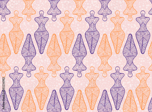 Slavic goddess trypillian symbol seamless ornament. Cute european folkloric vector.