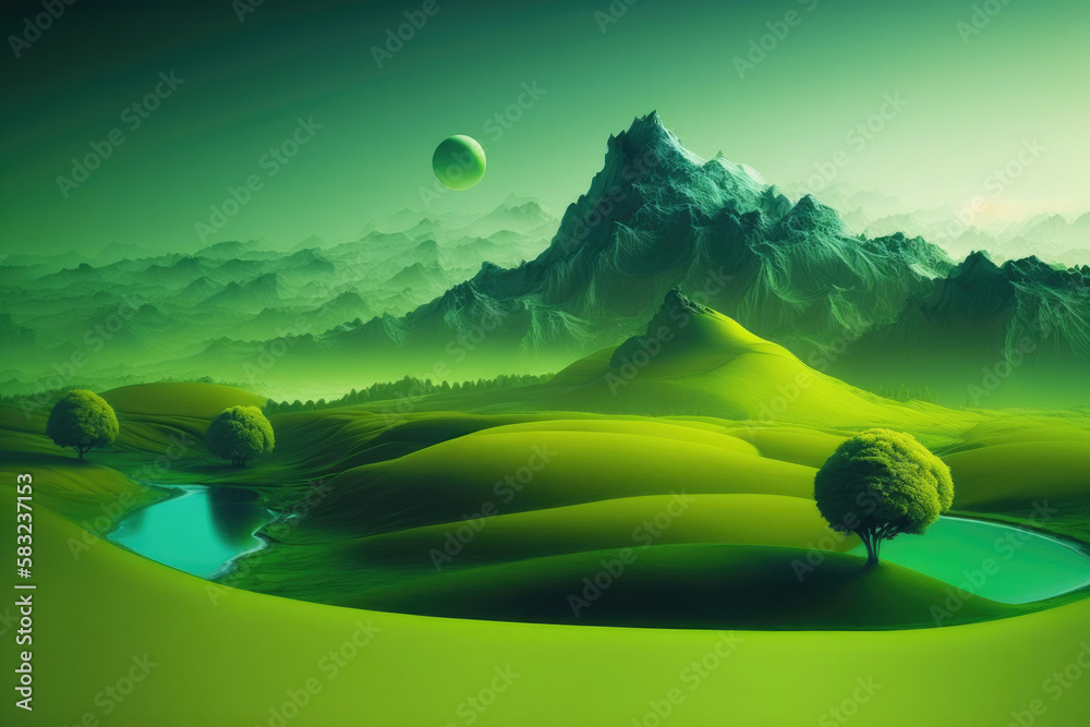 Fantasy landscape with green mountains and river, fairy tale landscape illustration. Generative AI