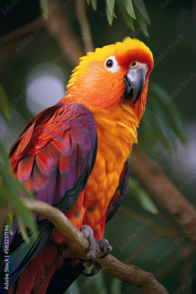 A vibrant close up of a magenta and orange parrot perched atop a tree branch. Trendy color of 2023 Viva Magenta.. AI generation.