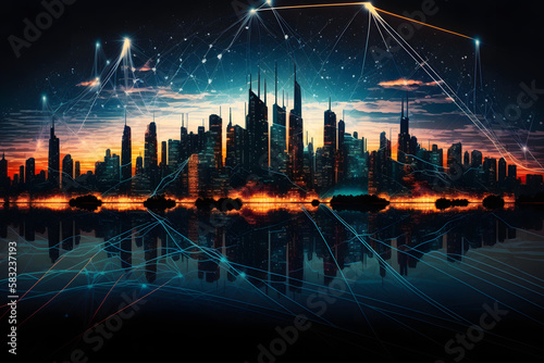 logistic smart communication city at night with scyscrapers and mind connection net interface landscape view in urban evening sky background desktop