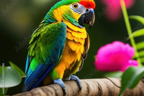 Suriname amazon parrot in the treetops in a tropical rainforest, bright flowers and leaves, exotic plants, vines. Wildlife concept of ecological environment. Generative AI © mikhailberkut