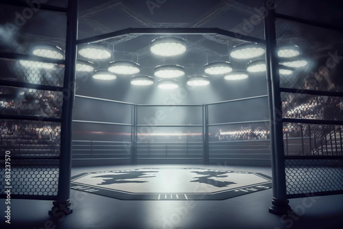 Indoor mma arts arena, with grid and ligths, empty generative ai