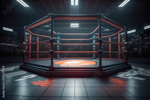 Indoor mma arts arena, with grid and ligths, empty generative ai