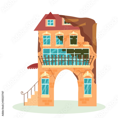 A destroyed building after a fire or an earthquake. Ruined city buildings after the war. Damaged city with old broken dilapidated housing. Vector illustration isolated on white background.