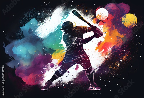 Watercolor Illustration of a Baseball Player Striking Ball In Galaxy Universe Background Illustration. Generative AI