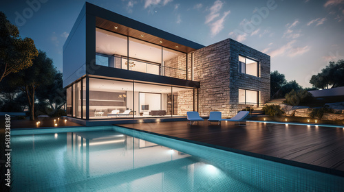 Modern Architectural House with Large Glass Surfaces and a Huge Pool - Generative AI © DanielMendler