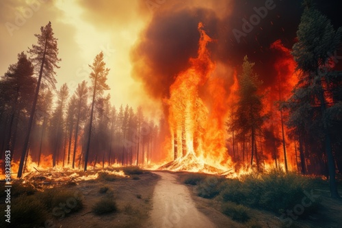 Gro  er Waldbrand im trockenen Sommer - Generative AI