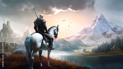 A medieval man on a white horse standing in a beautiful fantasy landscape, generative ai
