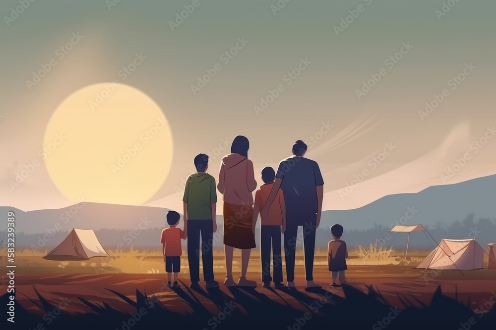 Illustration einer Flüchtlingsfamilie auf der Flucht - Generative AI