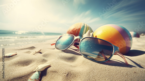 Sunny Holiday Scene at the Beach with Water Balls, Lounge Chairs, Umbrellas, and Sunglasses - Generative AI