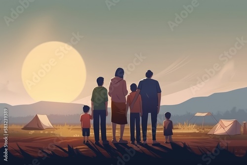 Illustration einer Flüchtlingsfamilie auf der Flucht - Generative AI