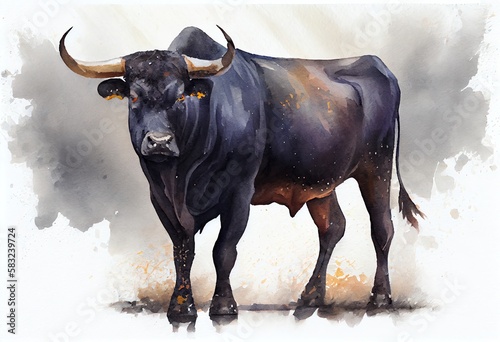 Watercolor Illustration of agry Black Bull On A White Background. Generative AI