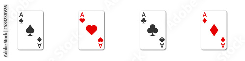 Set of four aces playing cards with shadows. Flat vector illustration.
