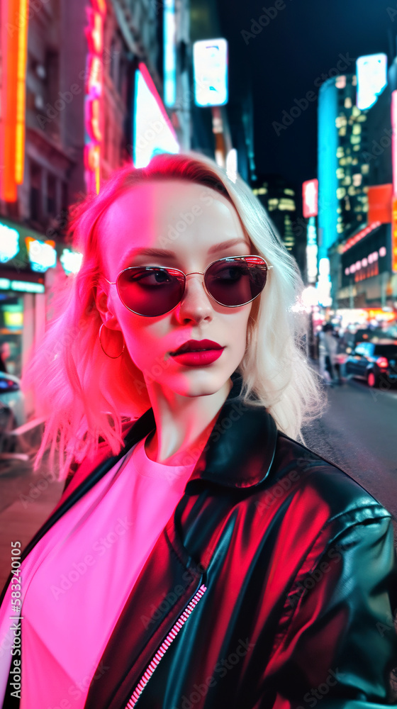 A beautiful woman in sunglasses making a selfie in a colorful neon city at night, generative ai A beautiful woman in sunglasses making a selfie in a colorful neon city at night, generative ai