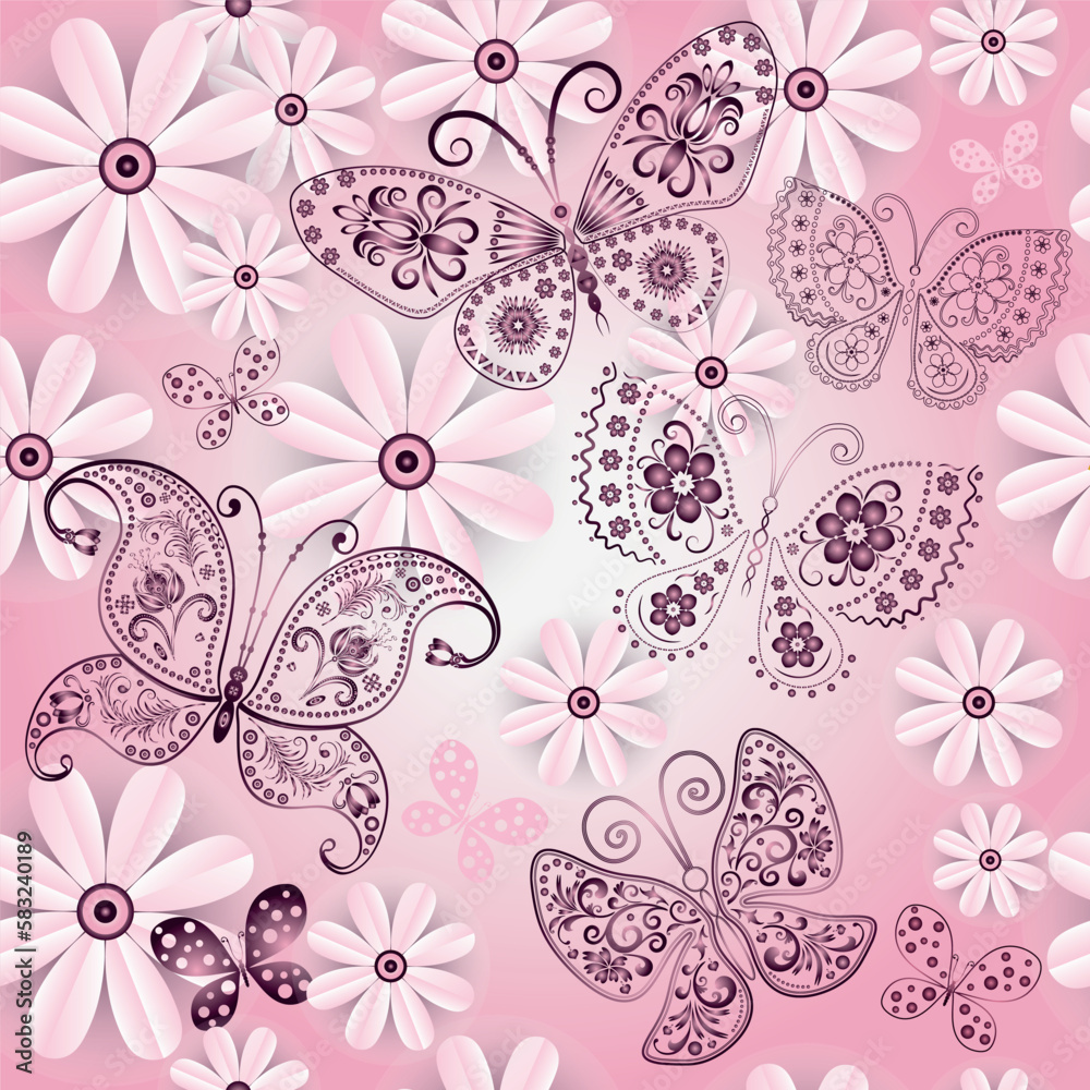 Vector seamless gentle spring pink pattern with daisies and shiny openwork butterflies Vector seamless gentle spring pink pattern with daisies and shiny openwork butterflies