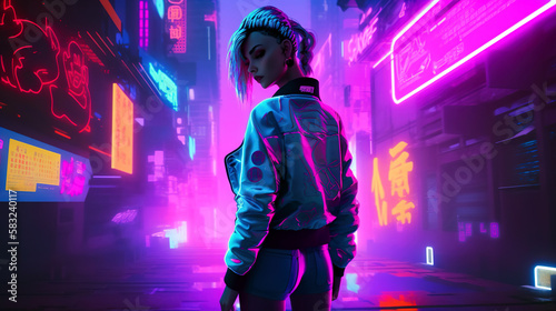 An anime-style cyberpunk girl standing in a bright and futuristic purple neon light city street at night, generative ai