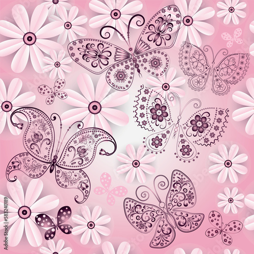 Vector seamless gentle spring pink pattern with daisies and shiny openwork butterflies