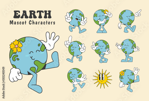 earth cartoon mascot characters in trendy retro style, vector illustration