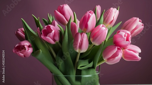 Pink background - Bouquet of pink tulips on a pink background. Generative AI,