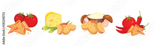 Flavored Crouton as Pieces of Seasoned Rebaked Bread Vector Set